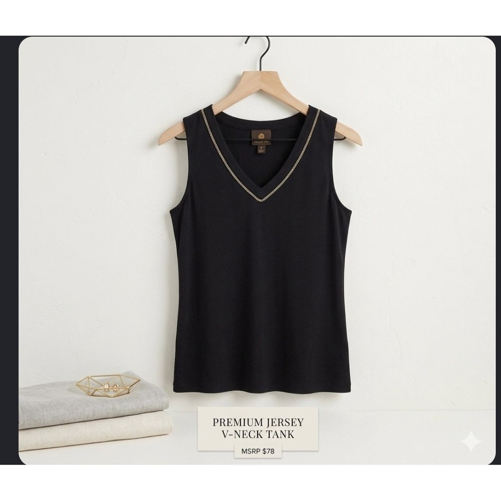 JM Collection Black Sleeveless V-Neck Top Metallic Trim Detail Womens Medium